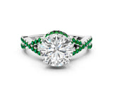 White gold Round Cut Diamond with Emerald side stone Halo Twist Band Solitaire Prong Setting Ring_12