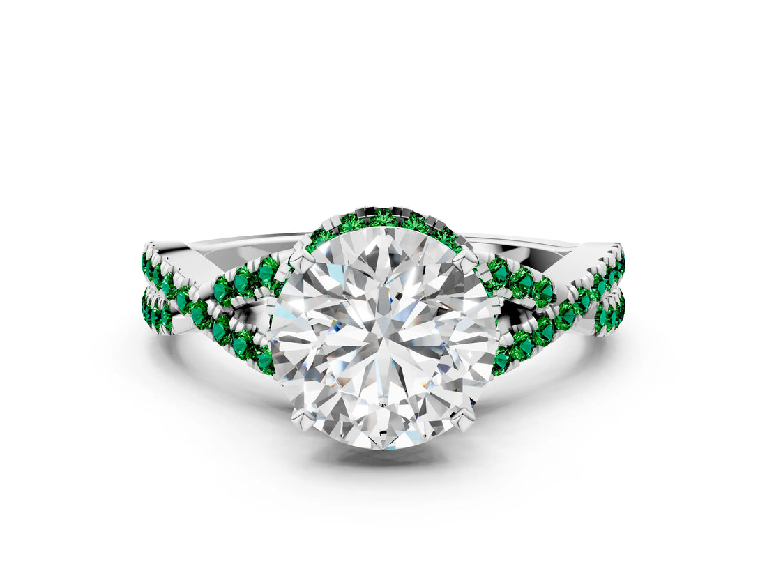 White gold Round Cut Diamond with Emerald side stone Halo Twist Band Solitaire Prong Setting Ring_24