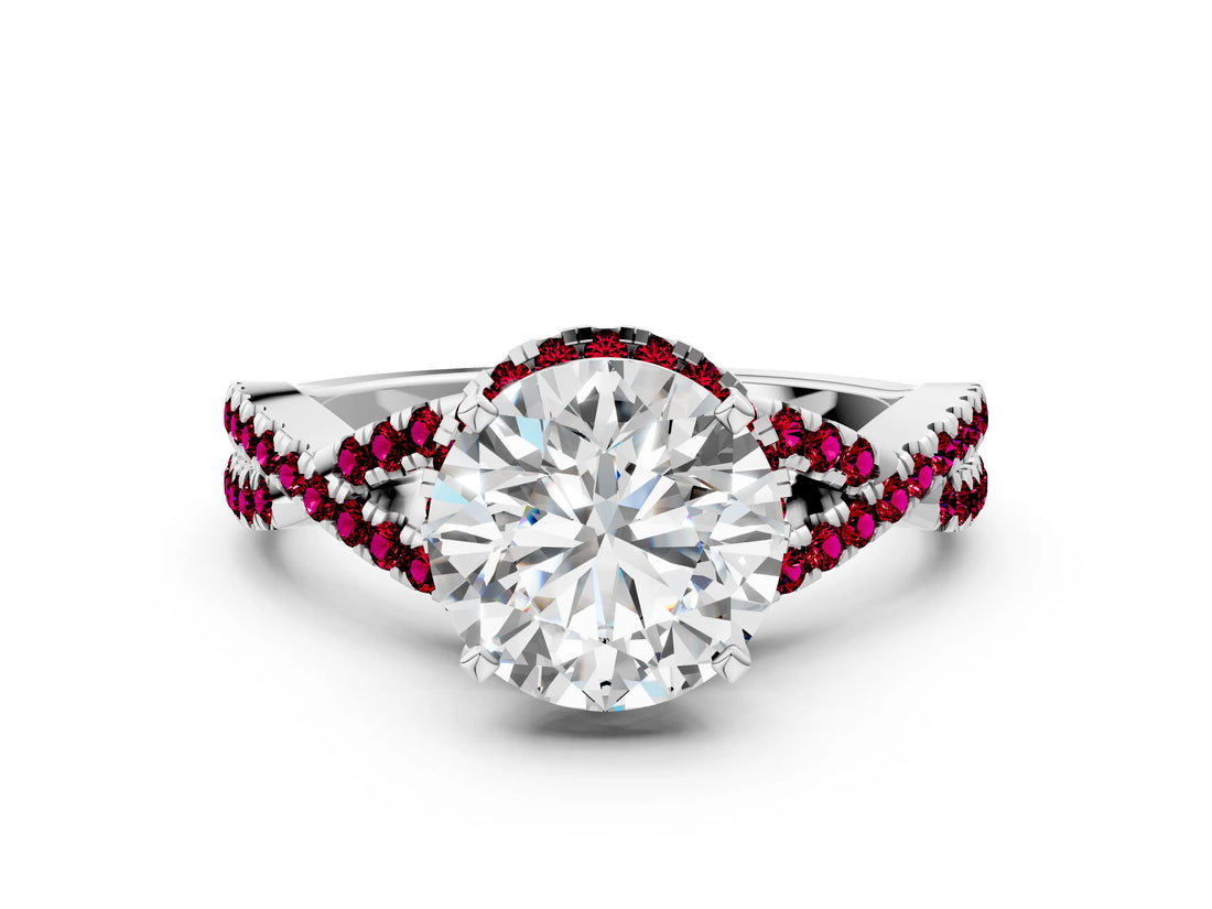 White gold Round Cut Diamond with Garnet side stone Halo Twist Band Solitaire Prong Setting Ring_24