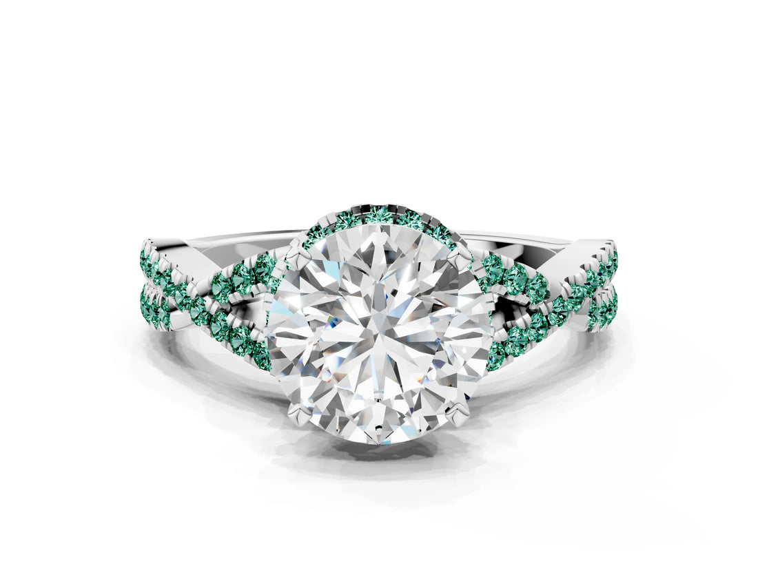 White gold Round Cut Diamond with Green Sapphire side stone Halo Twist Band Solitaire Prong Setting Ring_12