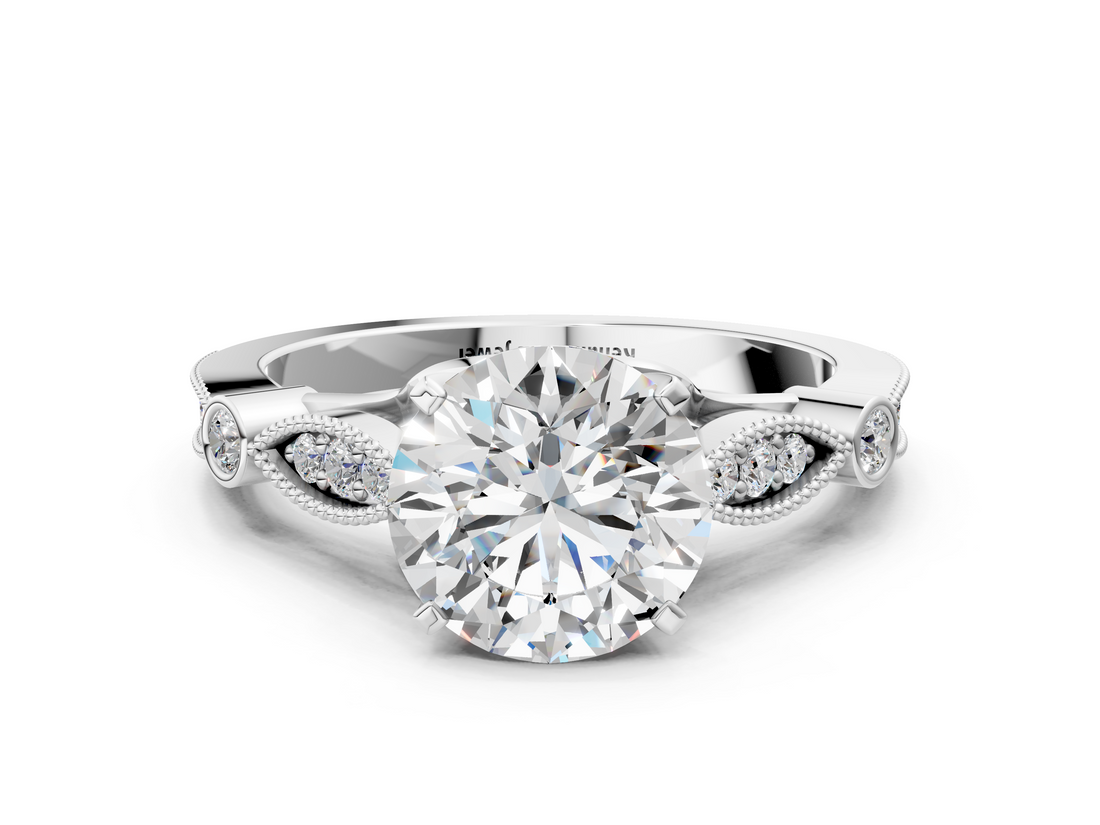 White gold Round Cut Diamond with Milgrain Marquise and Bezel Accents on a Solitaire Band with Prong Setting_202