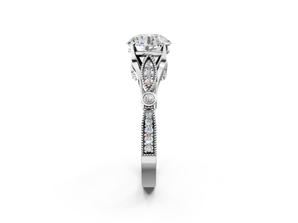 White gold Round Cut Diamond with Milgrain Marquise and Bezel Accents on a Solitaire Band with Prong Setting