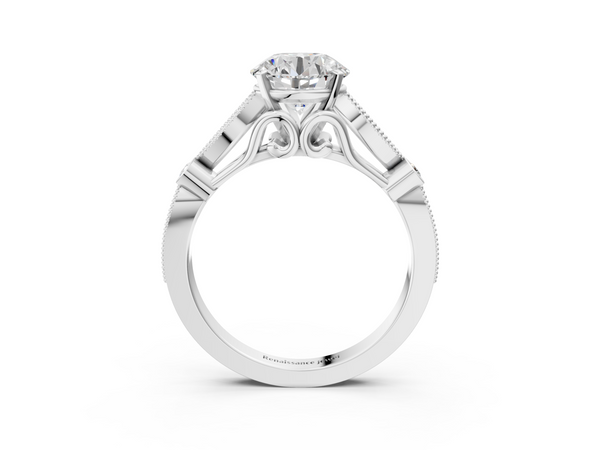 White gold Round Cut Diamond with Milgrain Marquise and Bezel Accents on a Solitaire Band with Prong Setting