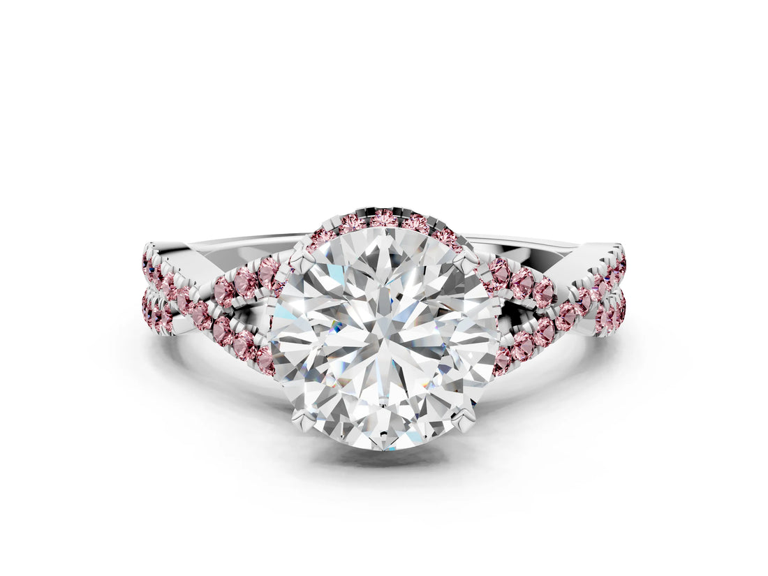 White gold Round Cut Diamond with Morganite side stone Halo Twist Band Solitaire Prong Setting Ring_12