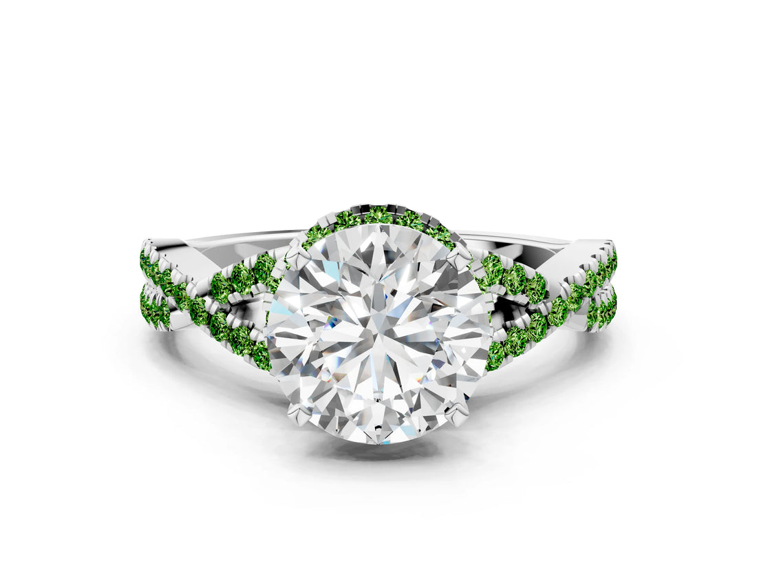 White gold Round Cut Diamond with Peridot side stone Halo Twist Band Solitaire Prong Setting Ring_12
