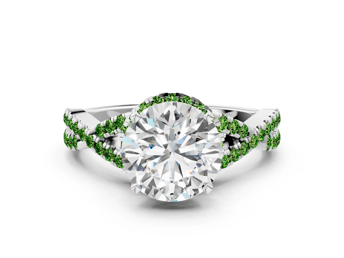 White gold Round Cut Diamond with Peridot side stone Halo Twist Band Solitaire Prong Setting Ring_24