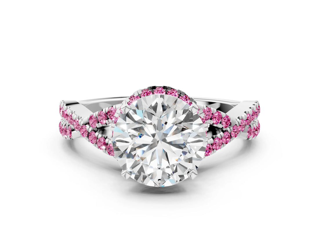 White gold Round Cut Diamond with Pink Sapphire side stone Halo Twist Band Solitaire Prong Setting Ring_24
