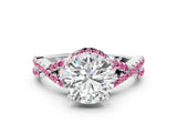 White gold Round Cut Diamond with Pink Sapphire side stone Halo Twist Band Solitaire Prong Setting Ring_24