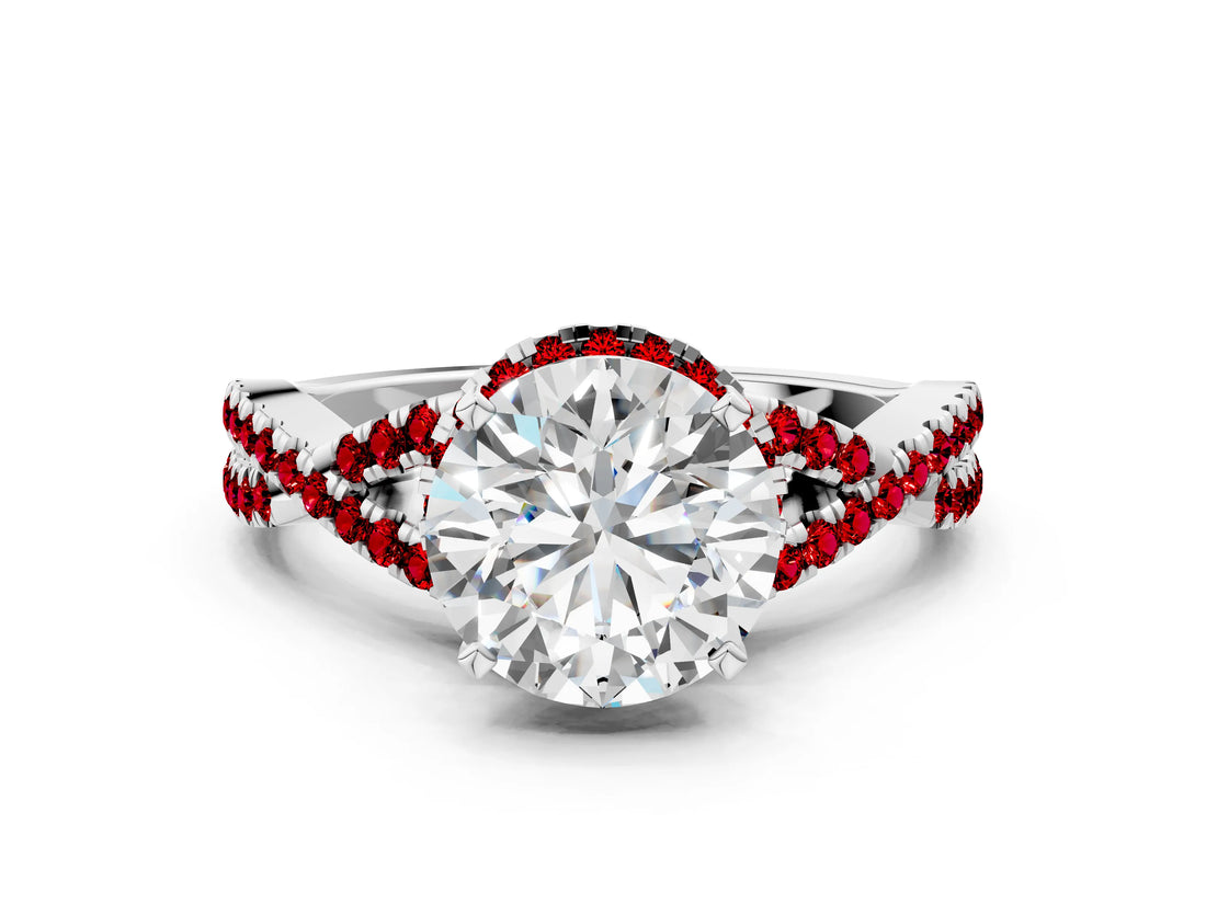 White gold Round Cut Diamond with Ruby side stone Halo Twist Band Solitaire Prong Setting Ring_12