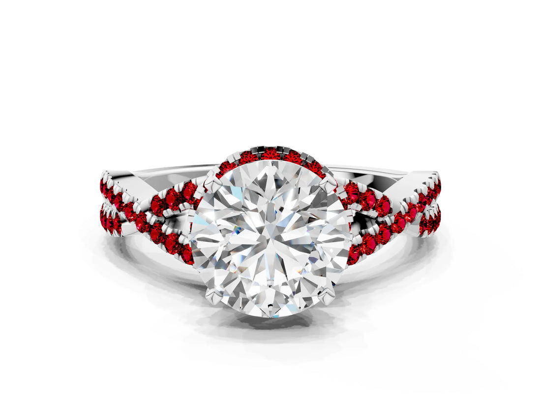 White gold Round Cut Diamond with Ruby side stone Halo Twist Band Solitaire Prong Setting Ring_13