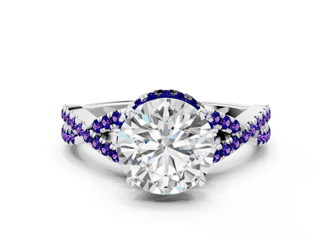 White gold Round Cut Diamond with Tanzanite side stone Halo Twist Band Solitaire Prong Setting Ring_12