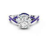 White gold Round Cut Diamond with Tanzanite side stone Halo Twist Band Solitaire Prong Setting Ring_12