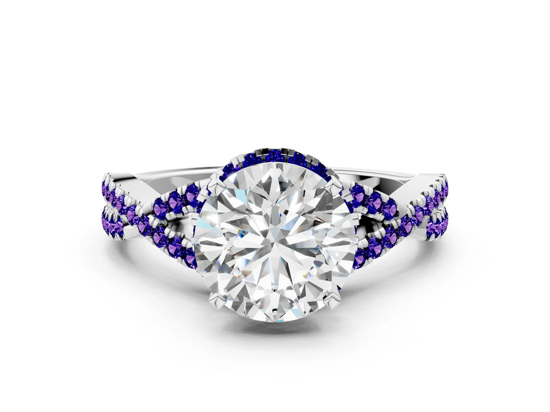 White gold Round Cut Diamond with Tanzanite side stone Halo Twist Band Solitaire Prong Setting Ring_24