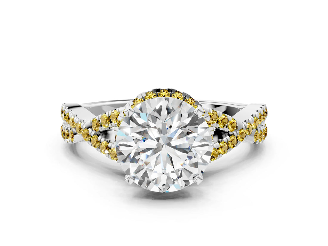 White gold Round Cut Diamond with Yellow Sapphire side stone Halo Twist Band Solitaire Prong Setting Ring_12