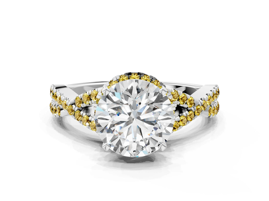 White gold Round Cut Diamond with Yellow Sapphire side stone Halo Twist Band Solitaire Prong Setting Ring_13