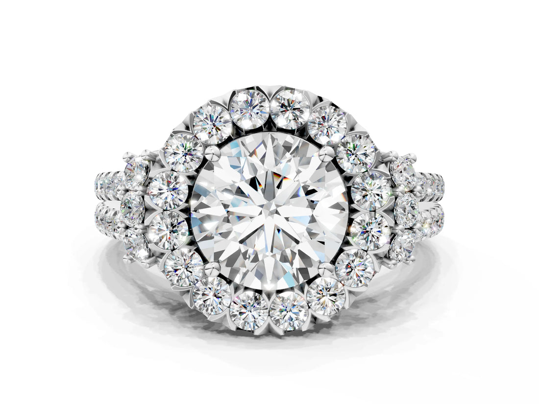 White gold Round Cut Double Halo Diamond Engagement Ring with Pave Band and Four-Prong Setting_42