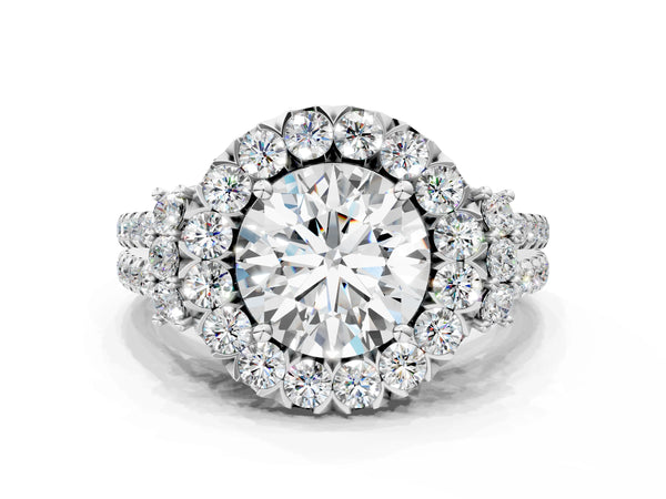 White gold Round Cut Double Halo Diamond Engagement Ring with Pave Band and Four-Prong Setting