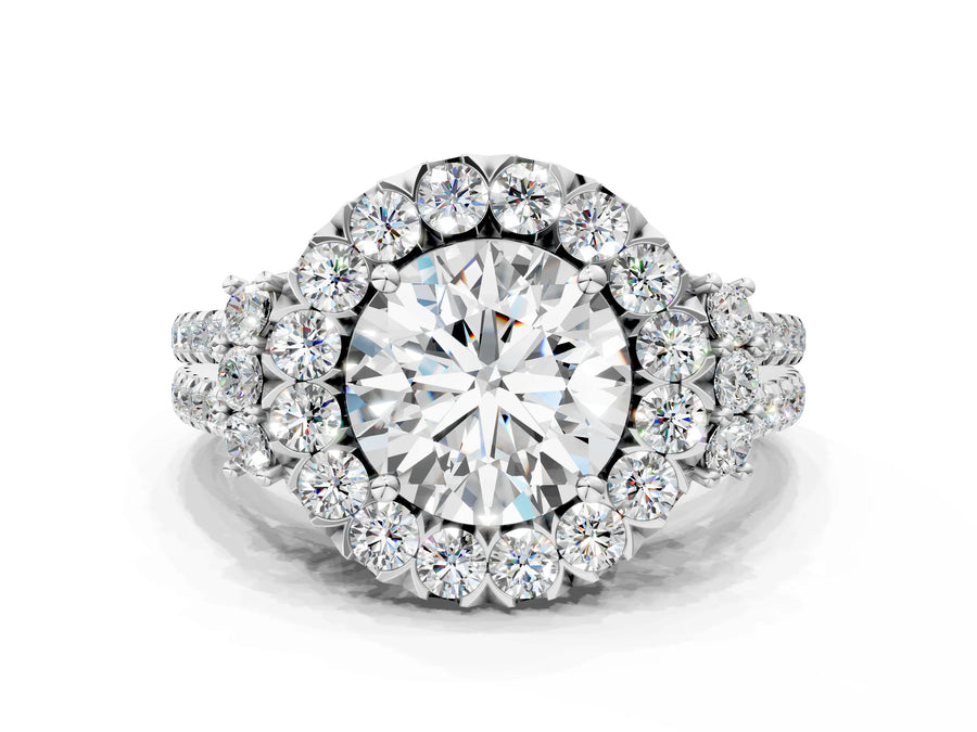 White gold Round Cut Double Halo Diamond Engagement Ring with Pave Band and Four-Prong Setting