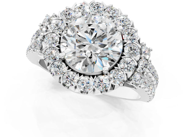 White gold Round Cut Double Halo Diamond Engagement Ring with Pave Band and Four-Prong Setting