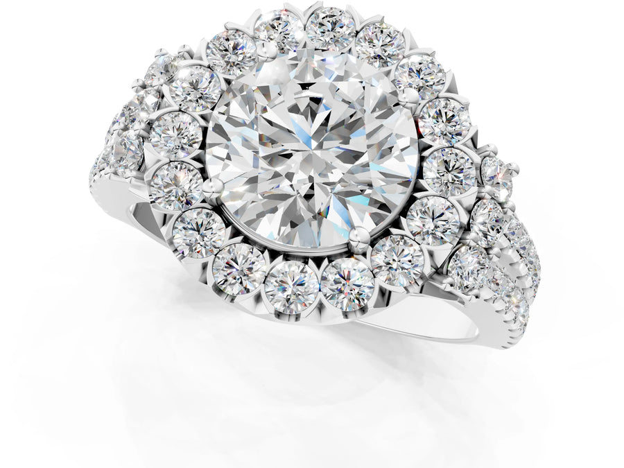 White gold Round Cut Double Halo Diamond Engagement Ring with Pave Band and Four-Prong Setting