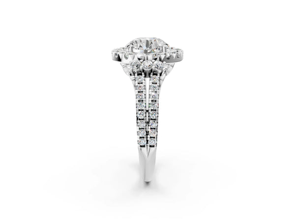 White gold Round Cut Double Halo Diamond Engagement Ring with Pave Band and Four-Prong Setting