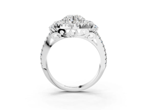 White gold Round Cut Double Halo Diamond Engagement Ring with Pave Band and Four-Prong Setting