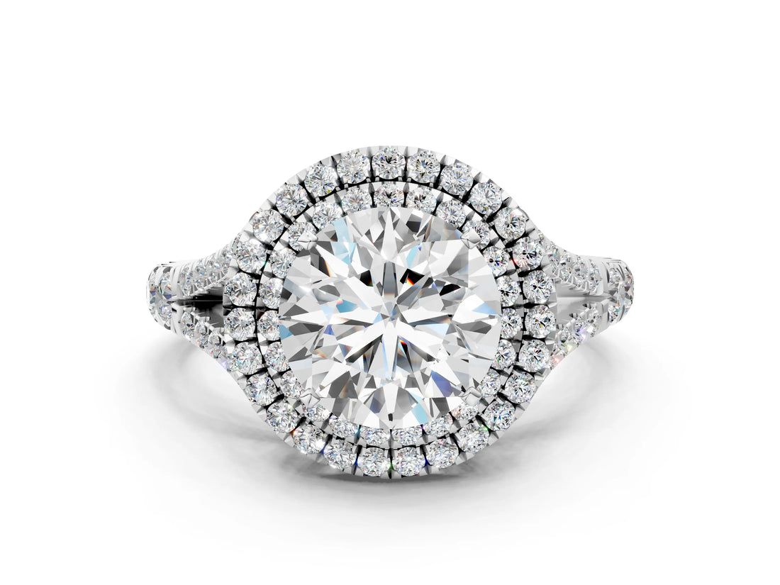 White gold Round Cut Double Halo Split Shank Diamond Ring with Prong Setting_73