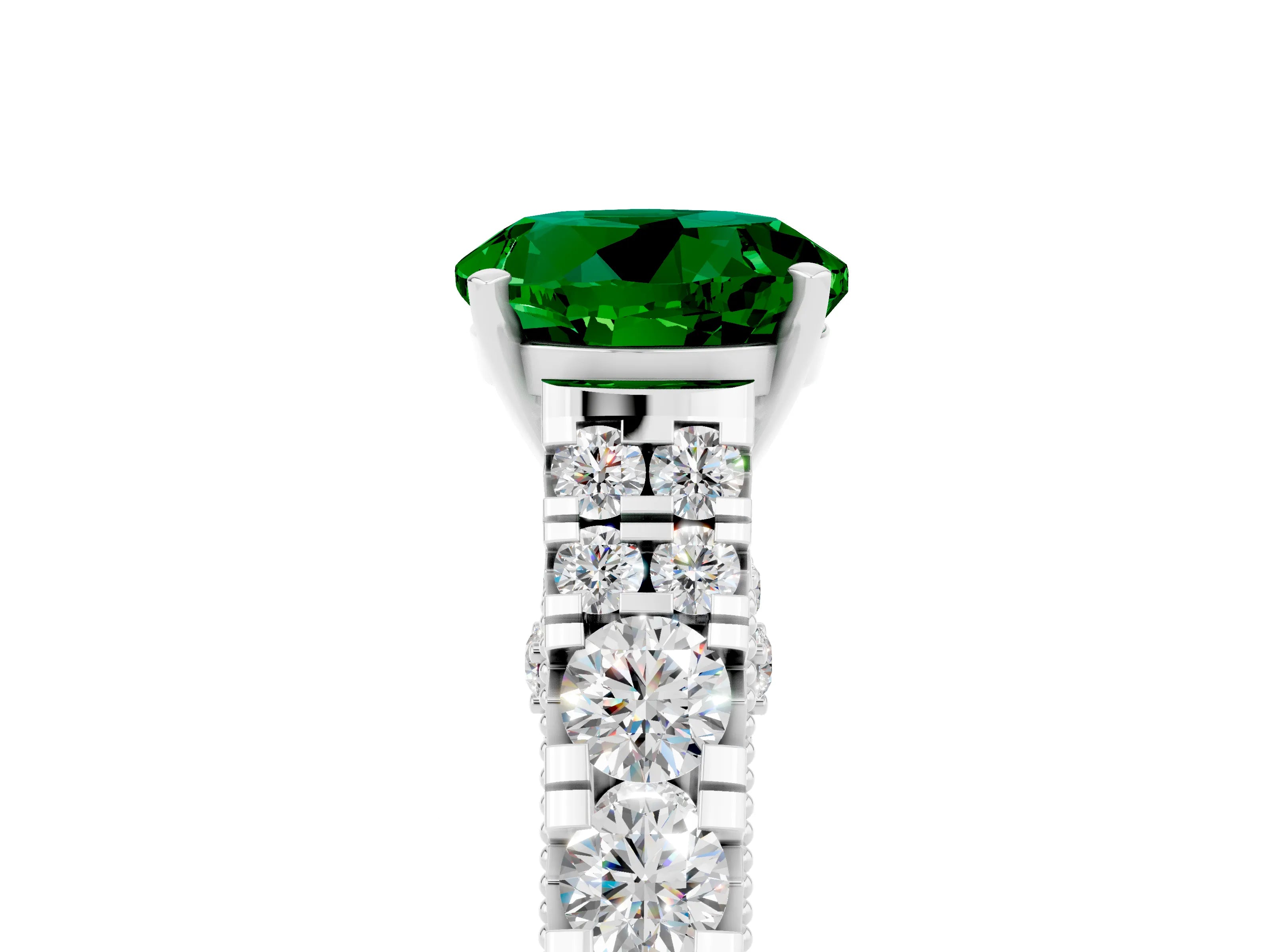 White gold Round Cut Emerald Classic Solitaire Ring with Pavé Band and Four-Prong Setting_11