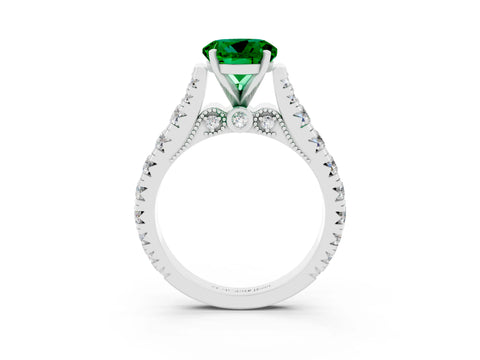 White gold Round Cut Emerald Classic Solitaire Ring with Pavé Band and Four-Prong Setting_13