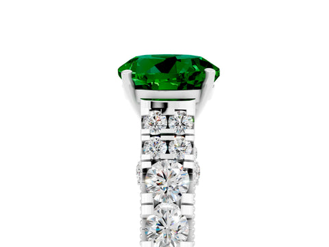 White gold Round Cut Emerald Classic Solitaire Ring with Pavé Band and Four-Prong Setting_15