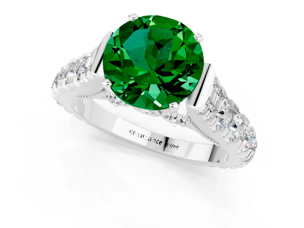 Platinum Round Cut Emerald Classic Solitaire Ring with Pavé Band and Four-Prong Setting
