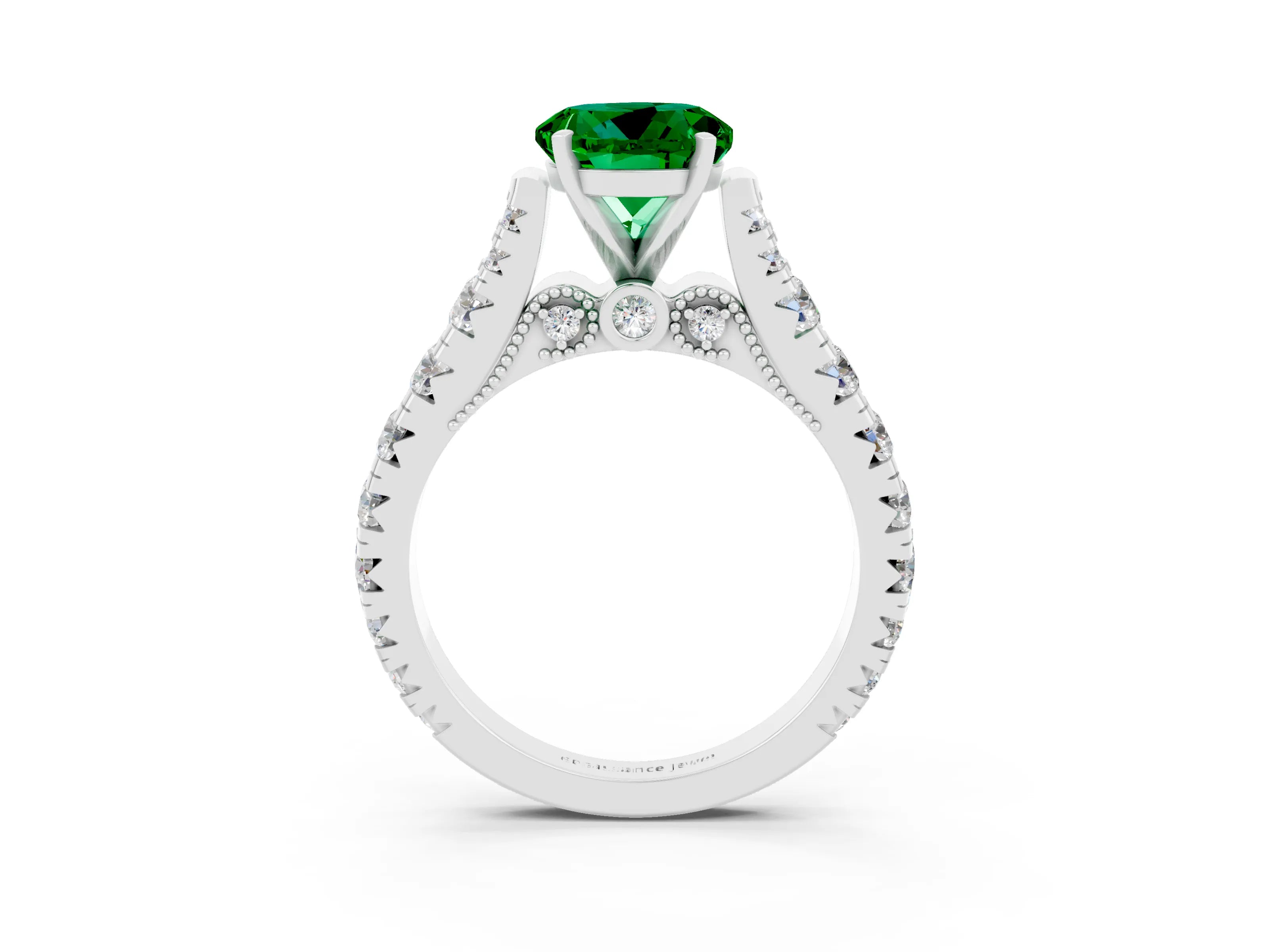 White gold Round Cut Emerald Classic Solitaire Ring with Pavé Band and Four-Prong Setting_3