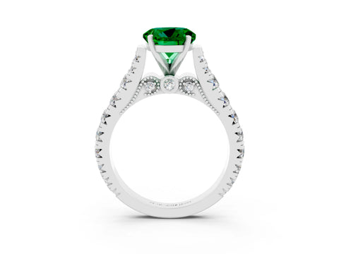White gold Round Cut Emerald Classic Solitaire Ring with Pavé Band and Four-Prong Setting_3