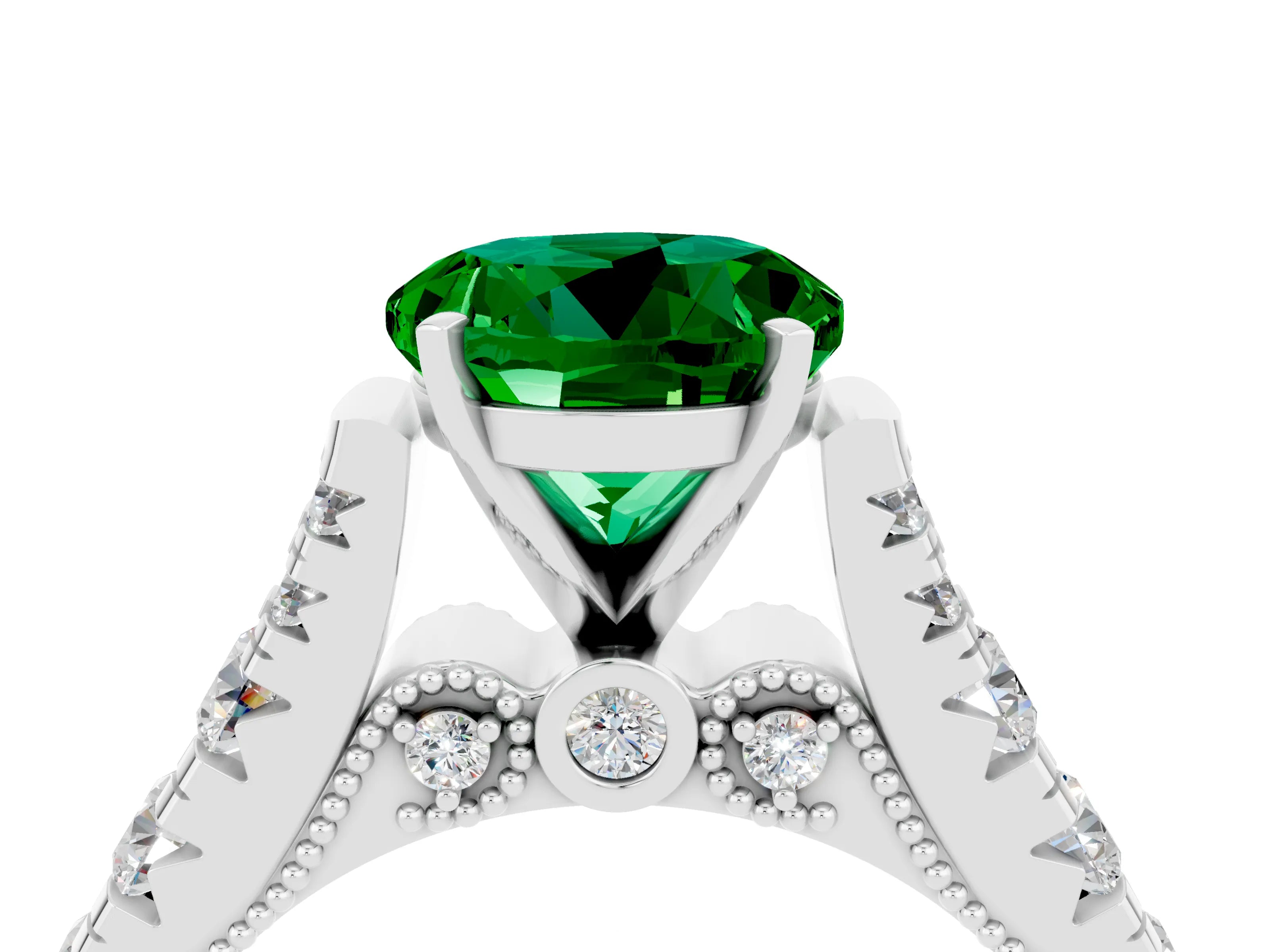 White gold Round Cut Emerald Classic Solitaire Ring with Pavé Band and Four-Prong Setting_4