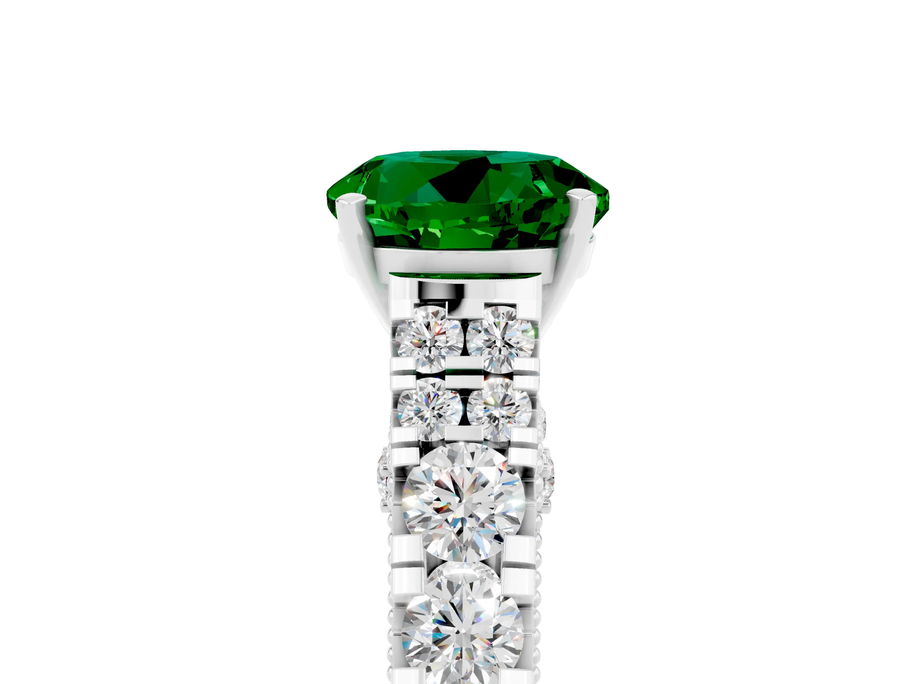 White gold Round Cut Emerald Classic Solitaire Ring with Pavé Band and Four-Prong Setting_5
