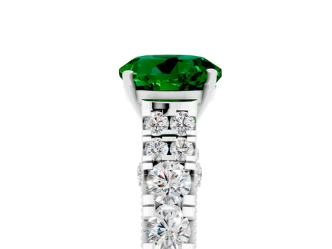 White gold Round Cut Emerald Classic Solitaire Ring with Pavé Band and Four-Prong Setting_5