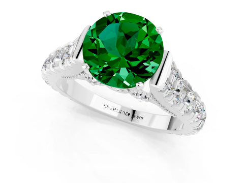 White gold Round Cut Emerald Classic Solitaire Ring with Pavé Band and Four-Prong Setting_7