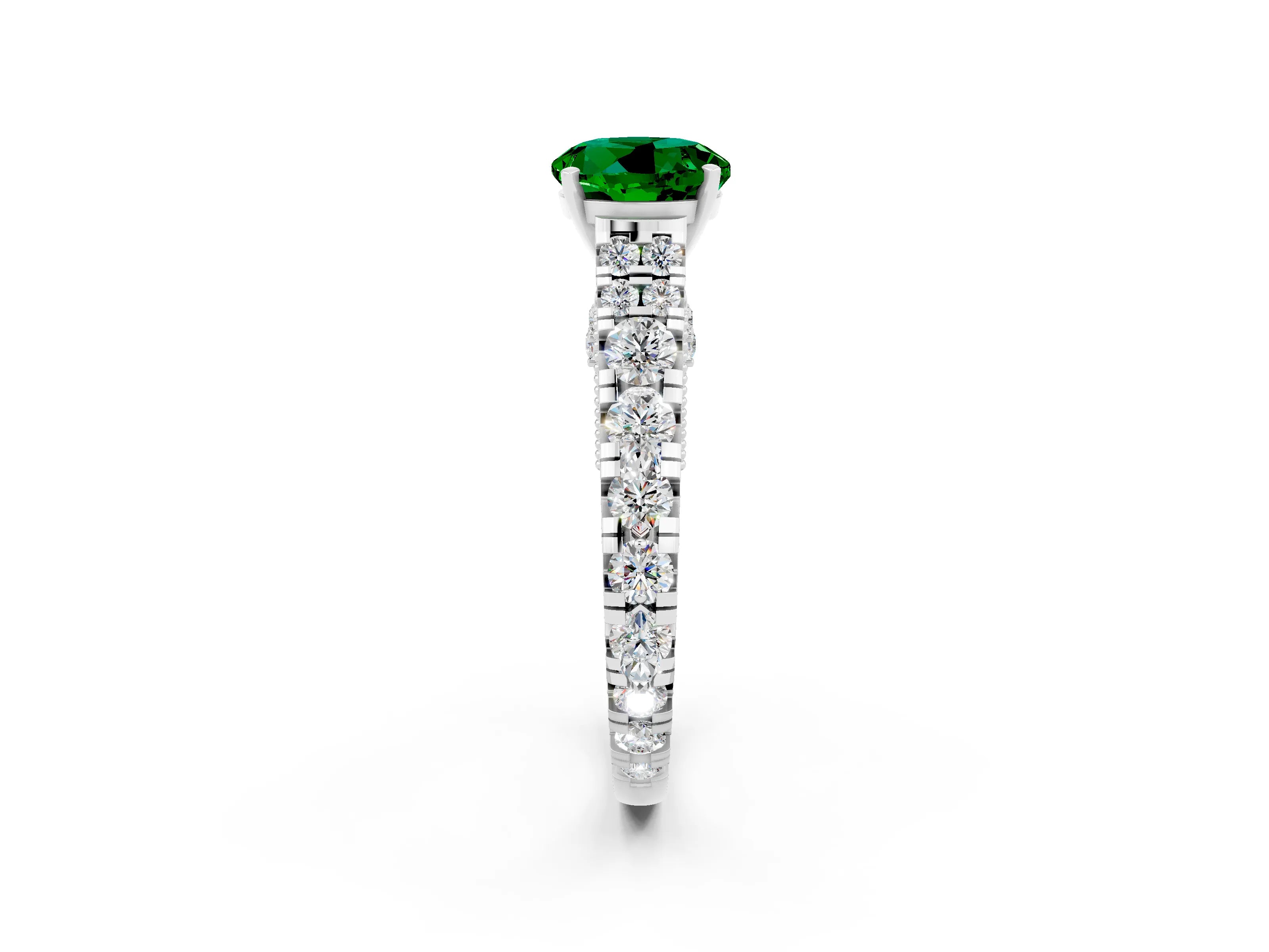 White gold Round Cut Emerald Classic Solitaire Ring with Pavé Band and Four-Prong Setting_8