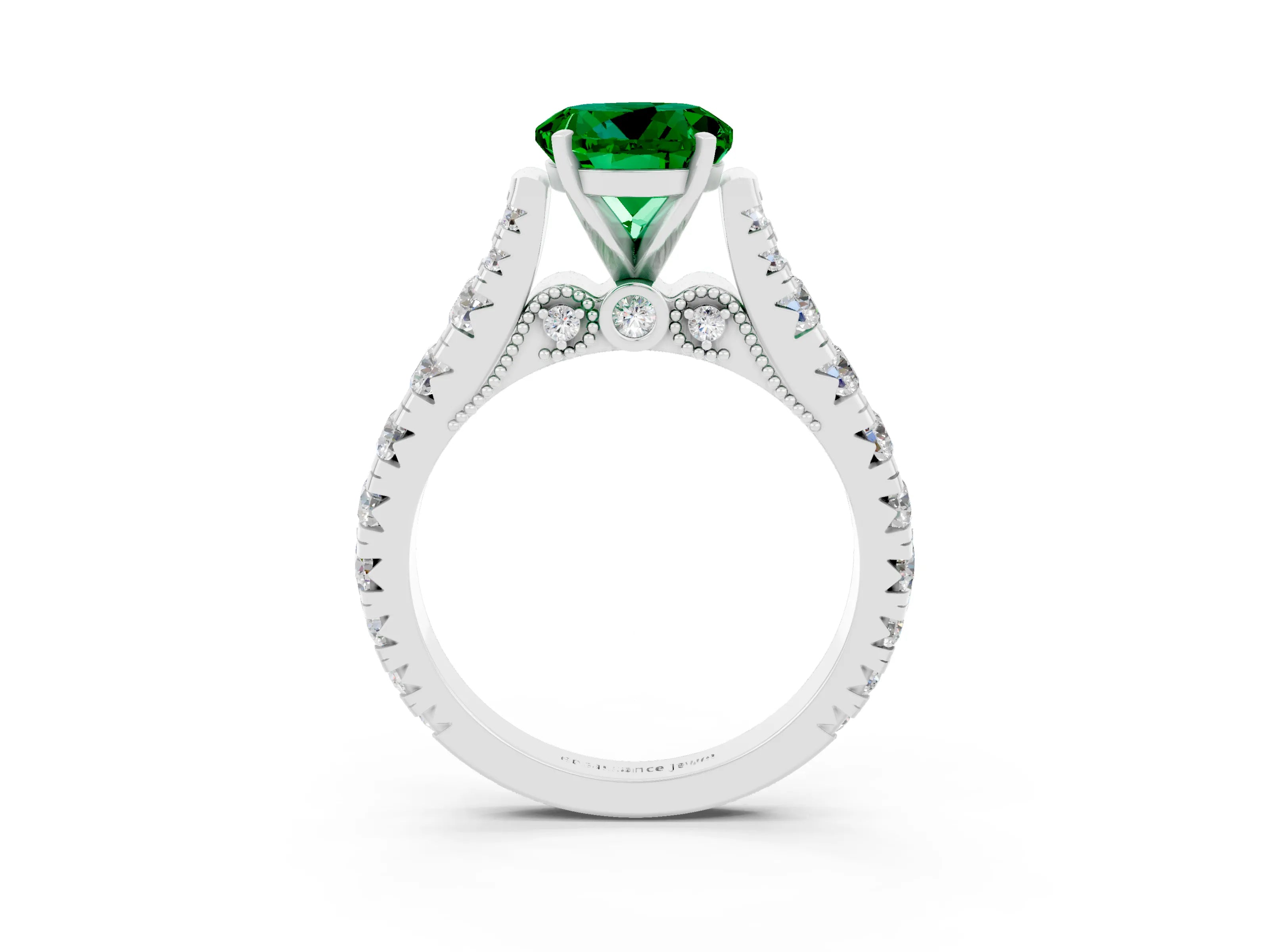 White gold Round Cut Emerald Classic Solitaire Ring with Pavé Band and Four-Prong Setting_9