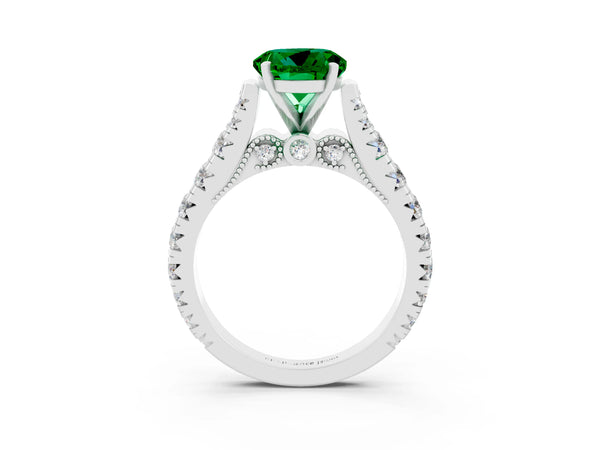 White gold Round Cut Emerald Classic Solitaire Ring with Pavé Band and Four-Prong Setting
