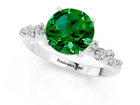 White gold Round Cut Emerald Cluster Side Stone Solitaire Ring with Prong Setting_25