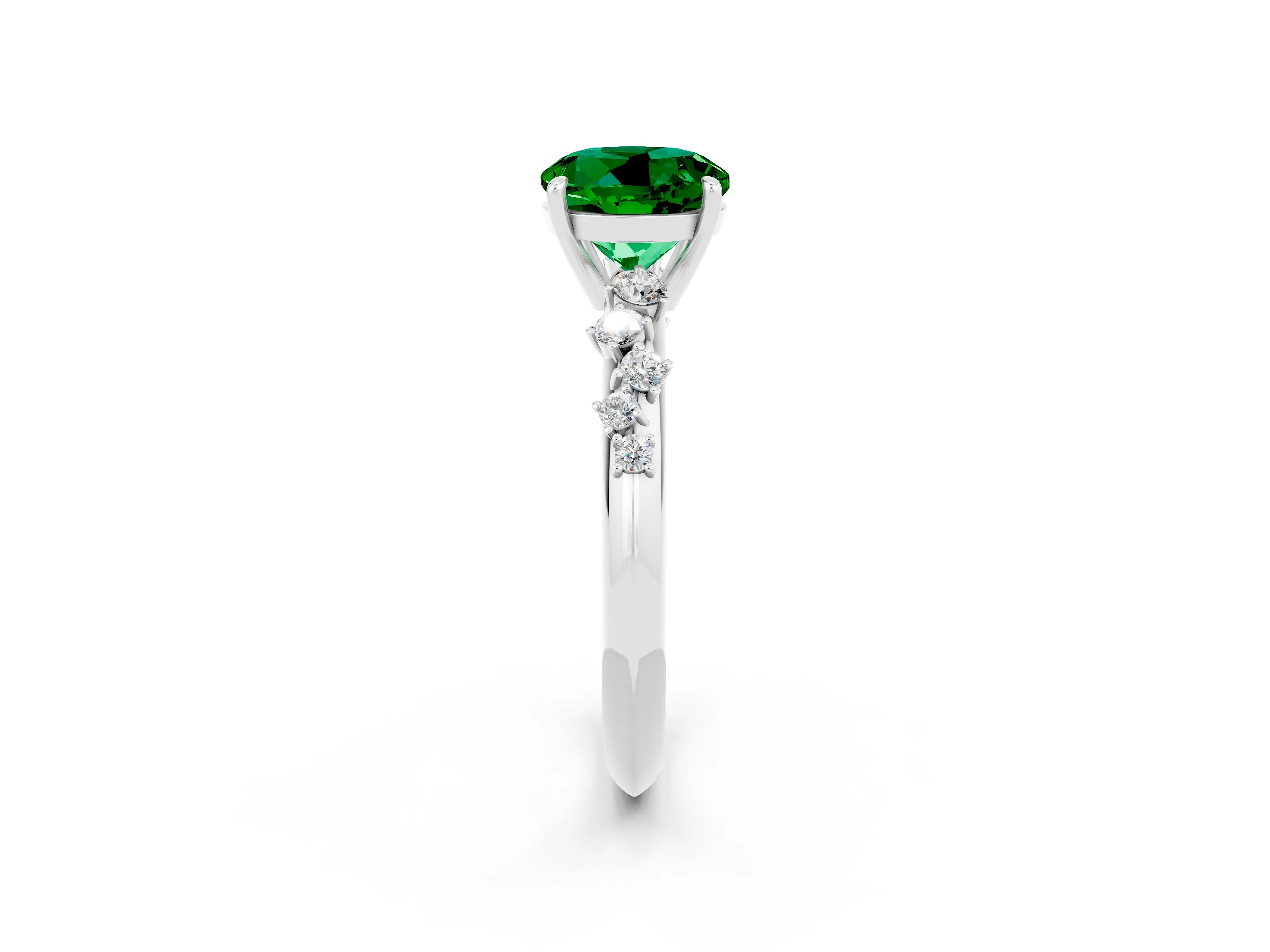 White gold Round Cut Emerald Cluster Side Stone Solitaire Ring with Prong Setting_26