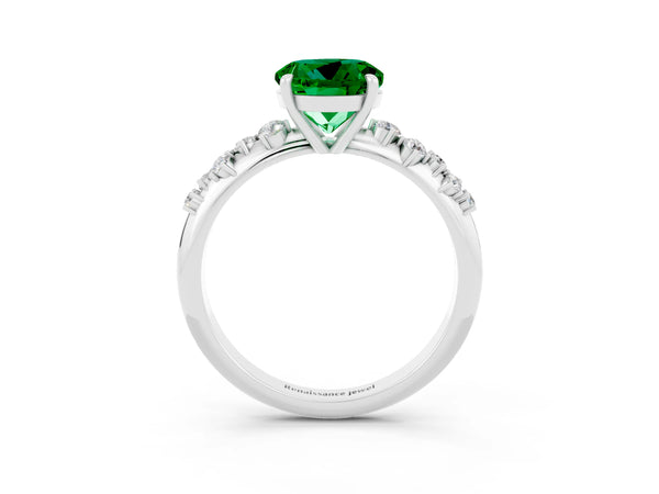 Platinum Round Cut Emerald Cluster Side Stone Solitaire Ring with Prong Setting