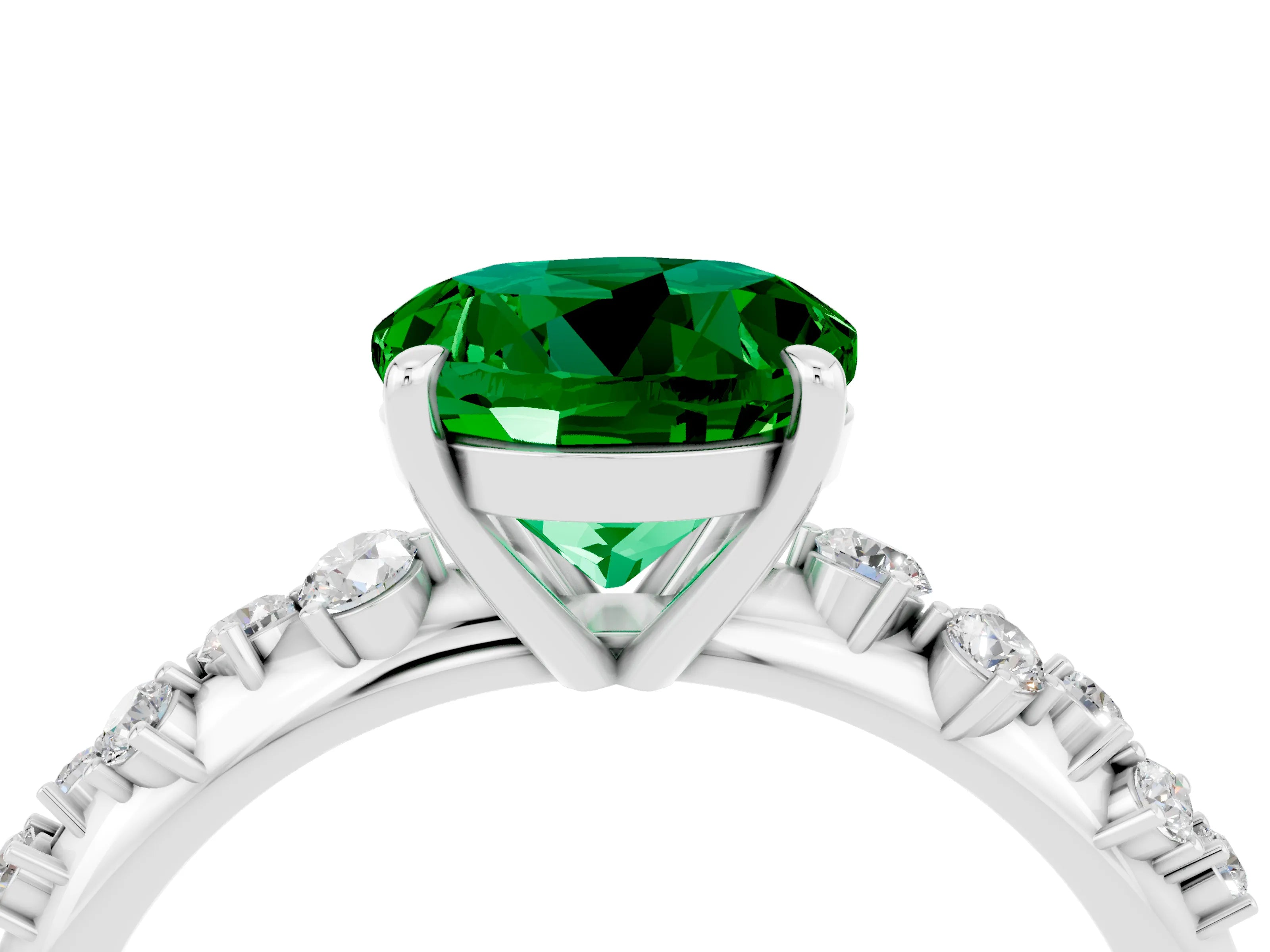 White gold Round Cut Emerald Cluster Side Stone Solitaire Ring with Prong Setting_28