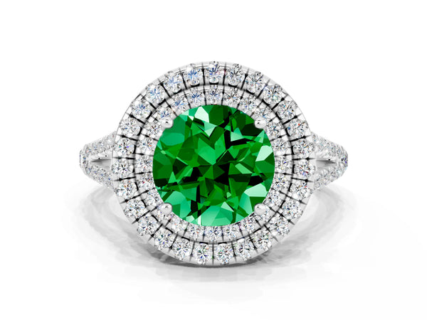 Silver Round Cut Emerald Double Halo Ring with Pavé Band and Prong Setting