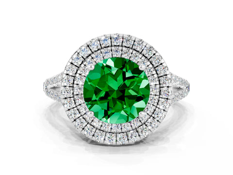 White gold Round Cut Emerald Double Halo Ring with Pavé Band and Prong Setting_12