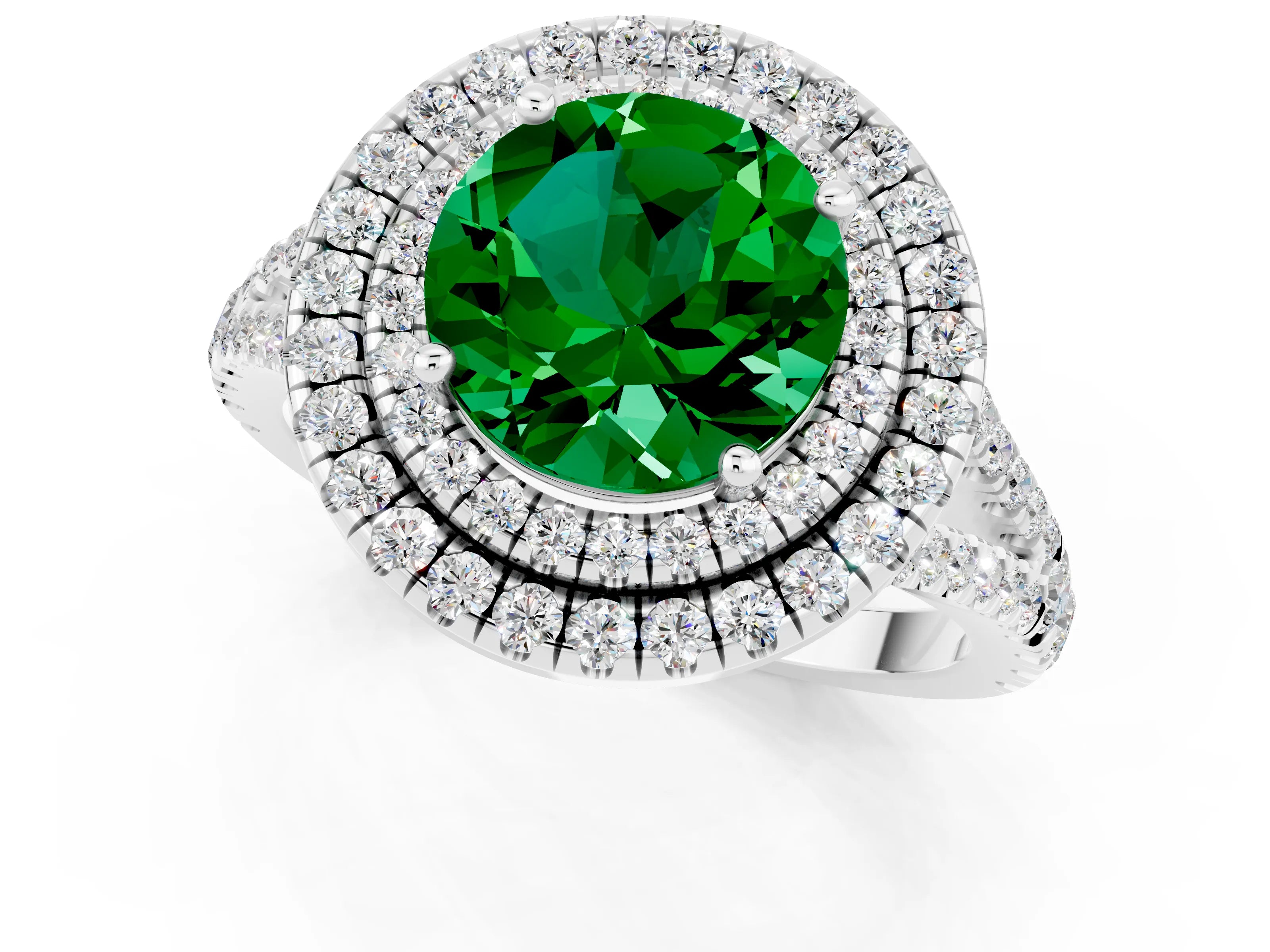 White gold Round Cut Emerald Double Halo Ring with Pavé Band and Prong Setting_13