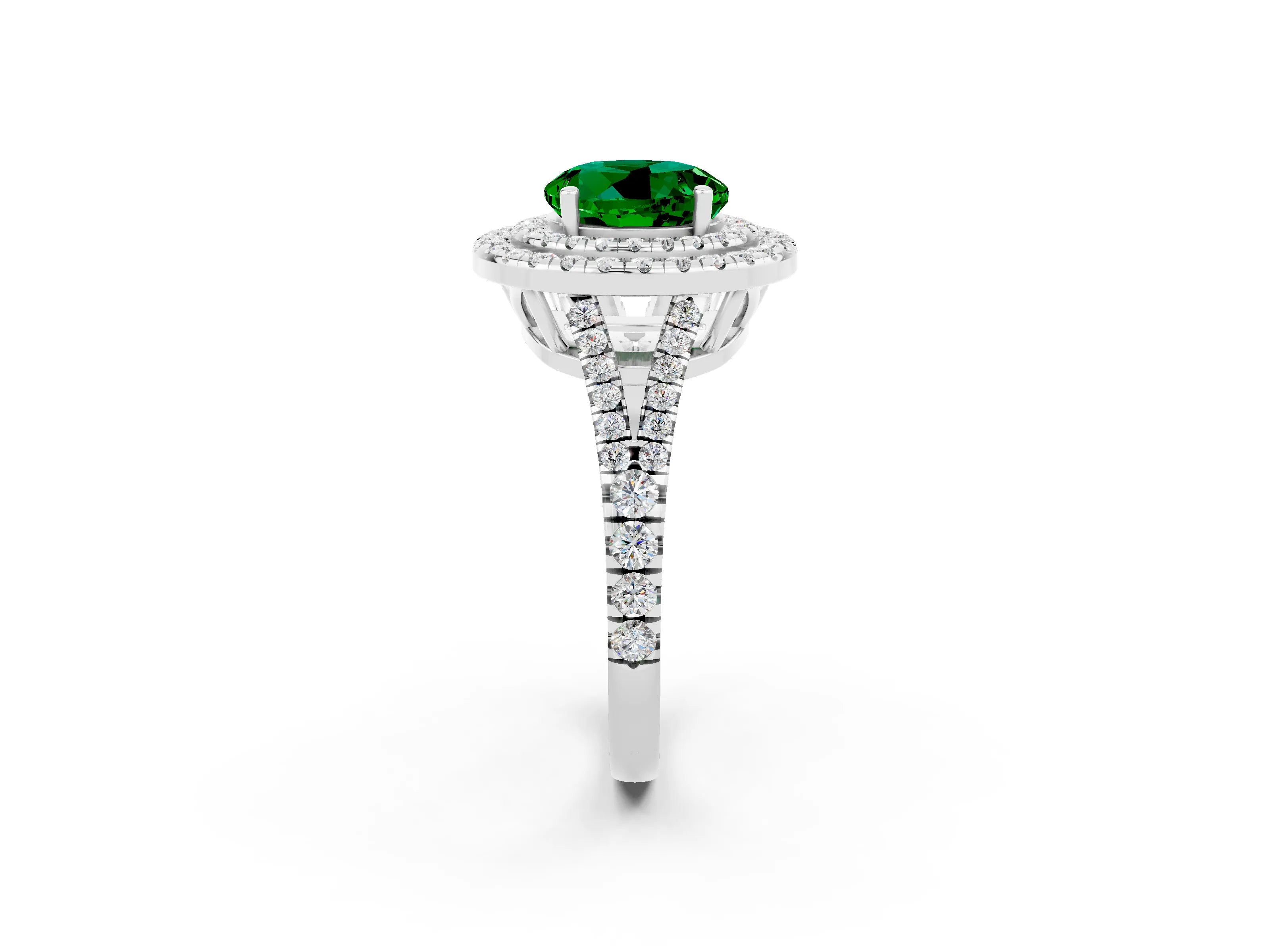 White gold Round Cut Emerald Double Halo Ring with Pavé Band and Prong Setting_14