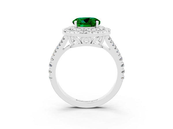 Platinum Round Cut Emerald Double Halo Ring with Pavé Band and Prong Setting