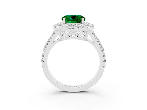 White gold Round Cut Emerald Double Halo Ring with Pavé Band and Prong Setting_15